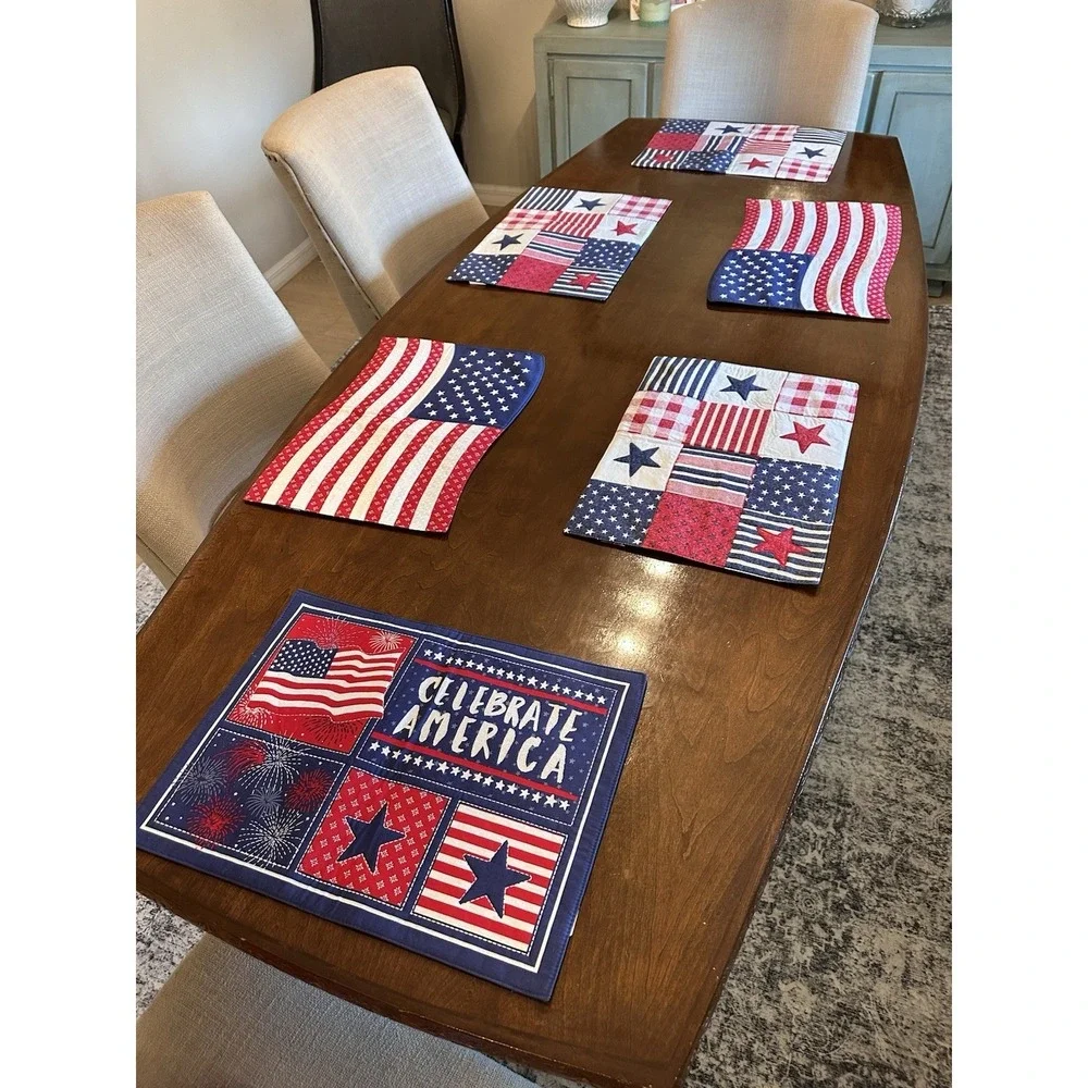 Set of 6 Patriotic‎ Americana Placemats Red White Blue Stars Flags 13x18